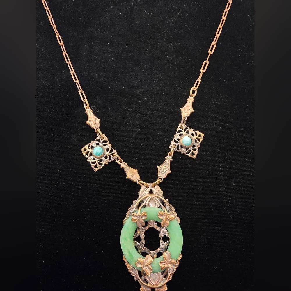 Czech Brass Shamrock Green Glass Necklace 16 Inch Antique 1920s 1930s Lucky - Picture 10 of 12